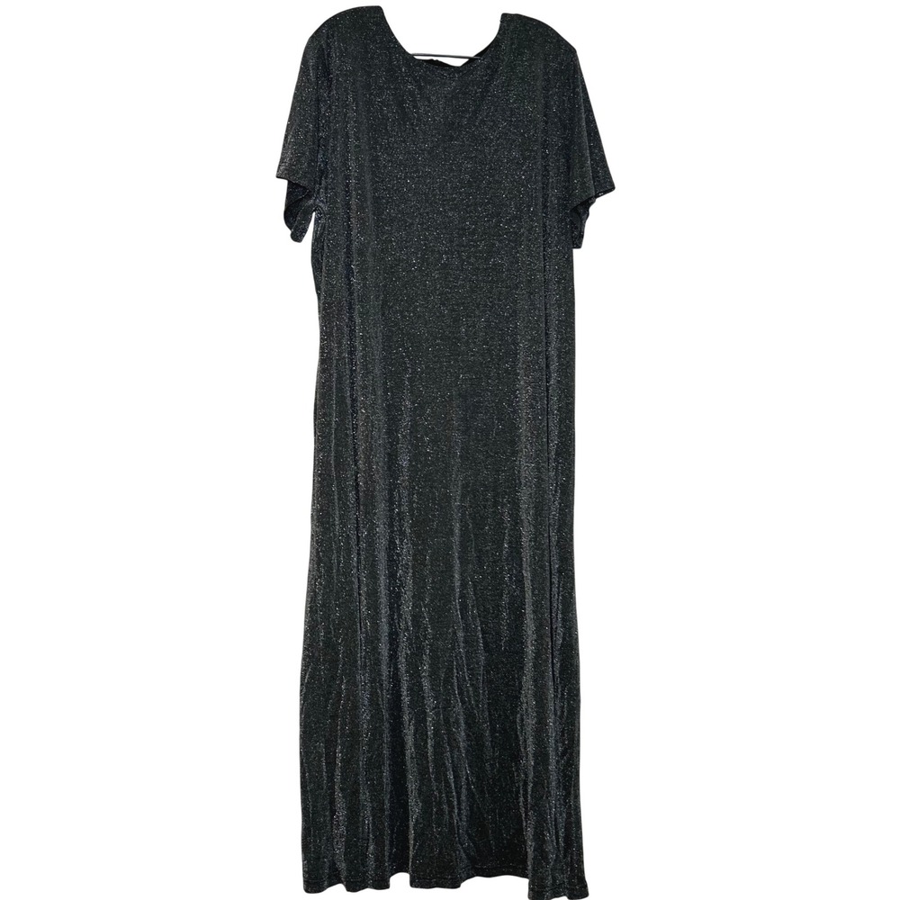 J.R. Nites Woman Silver Metallic Shimmer Short Sleeve Maxi Dress Evening Gown